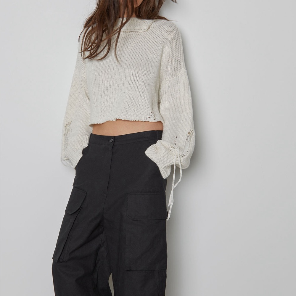 OAK AND FORT distressed cream knit sweater